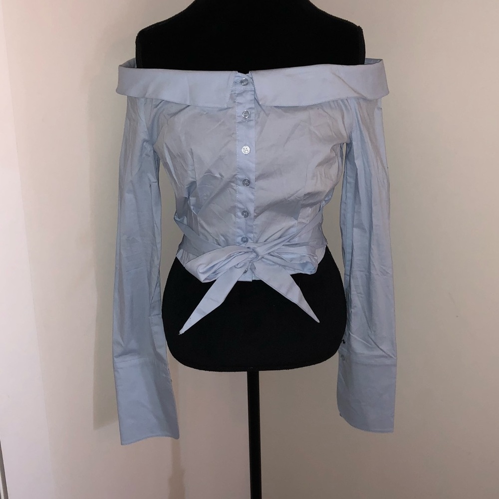 Light Blue Button Down Off the Shoulder Shirt